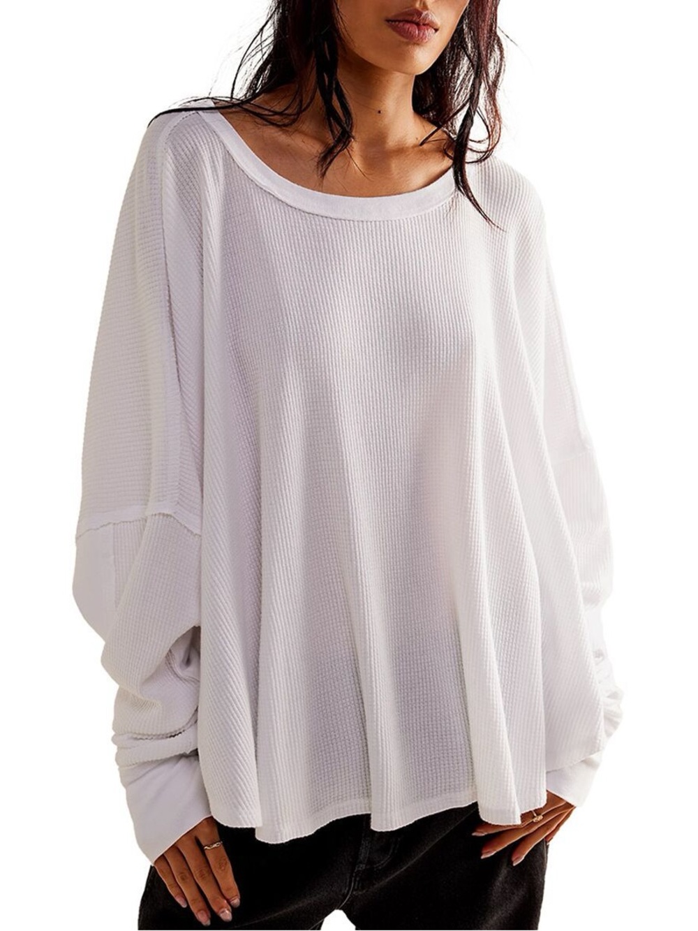 We The Free White Oversized Waffle Knit Pullover